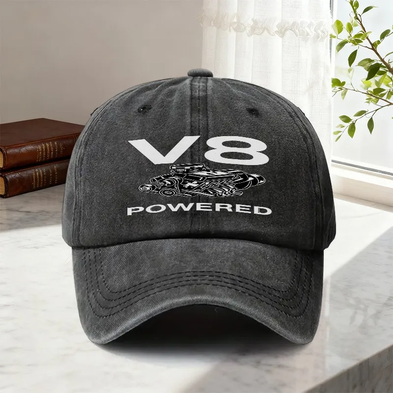 V8 Powered Engine Logo Baseball Cap Unisex Distressed Cotton Cap for Outdoor Sports Casual Wear V8 Enthusiast Gift