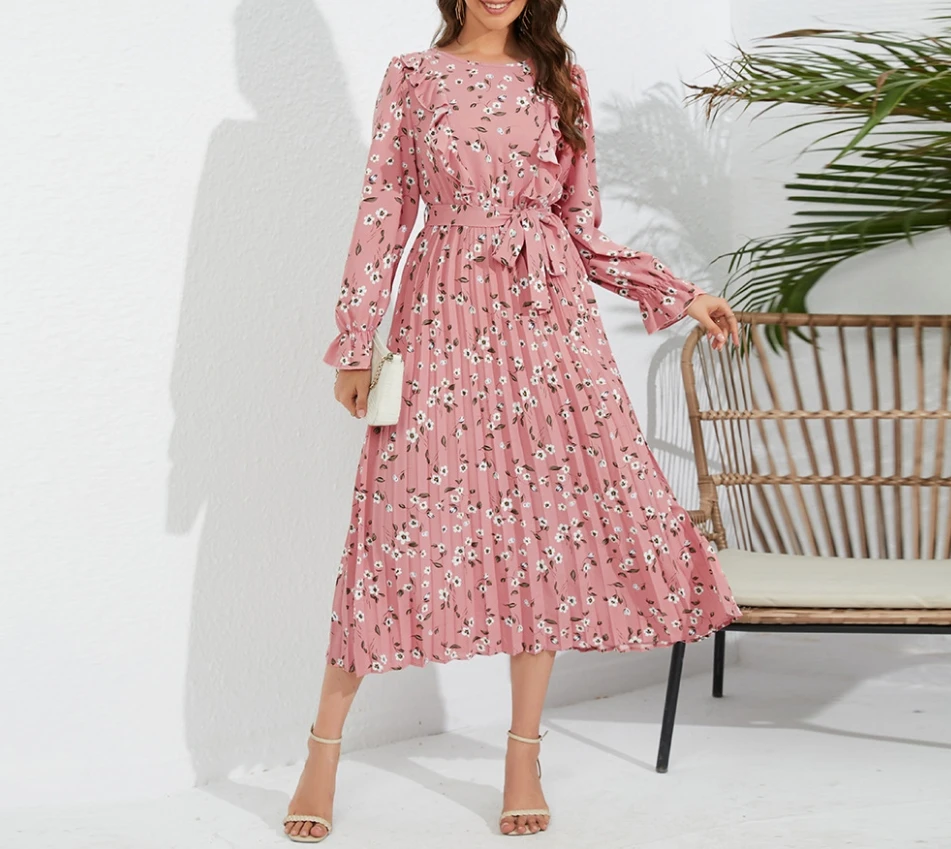 

Women's Style Dress 2024 Autumn Winter Latest Ruffled Pleated Dress Round Neck Mid Length Slim Fit Floral Maxi Dress Long Skirt