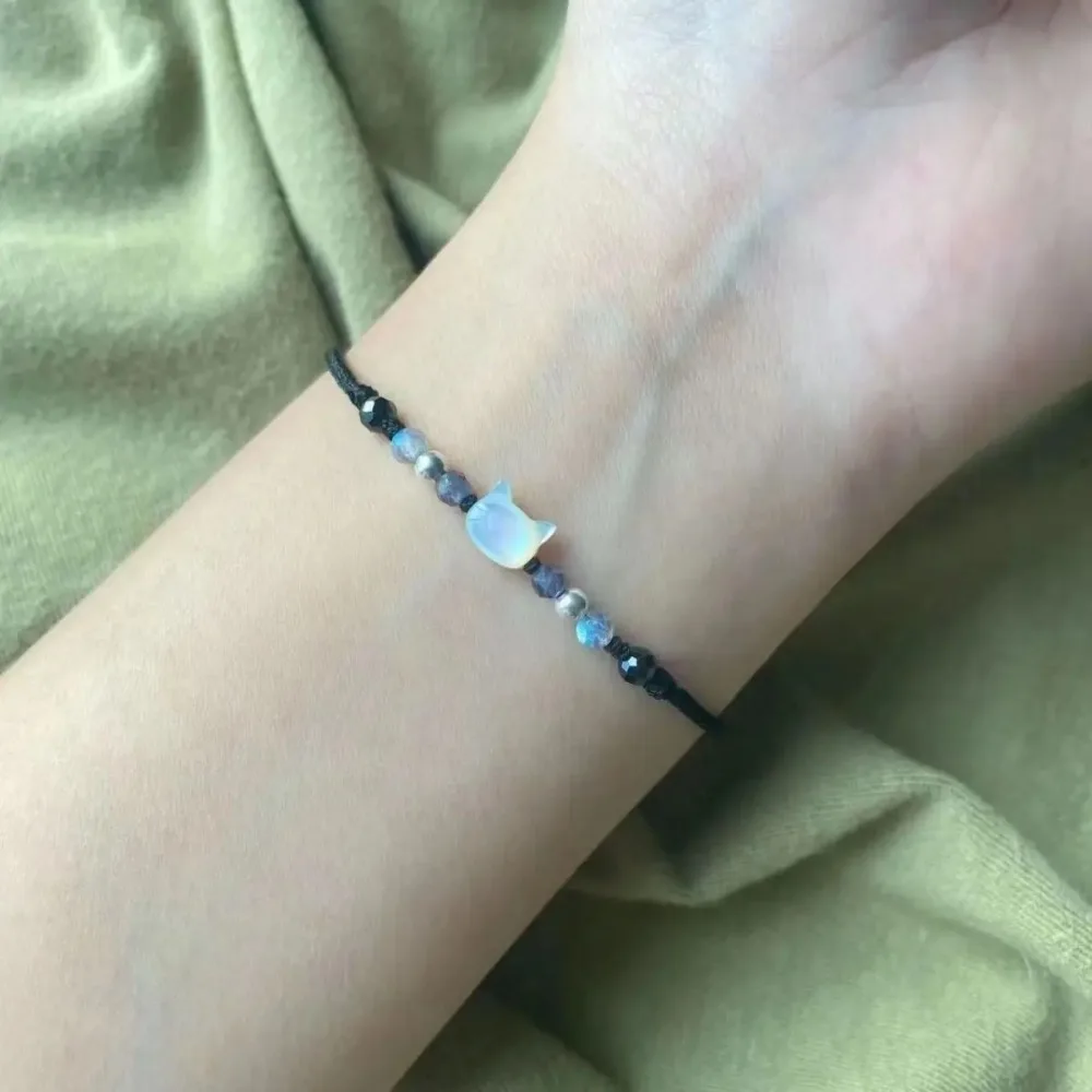 2Pcs Natural Moonstone Obsidian Bracelets Couple Minimalist Bracelet Handmade Cute Black White Cat Bracelet Party Jewelry Gifts