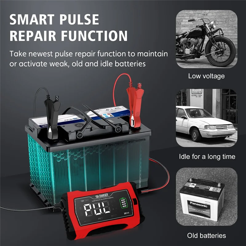 

Solid 10A Automatic Charging For Lithium Lifepo4 GEL Lead-Acid Batteries 12V 24V Motorcycle Charger Car Battery Charger