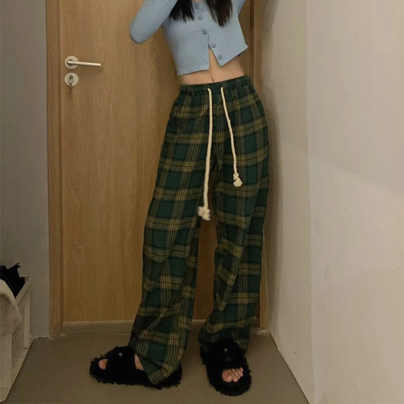 Summer Loose Striped Casual Straight Pant Perppy Drawstring Pockets Pants Women Korean Basic Office Spring Normcore Trousers