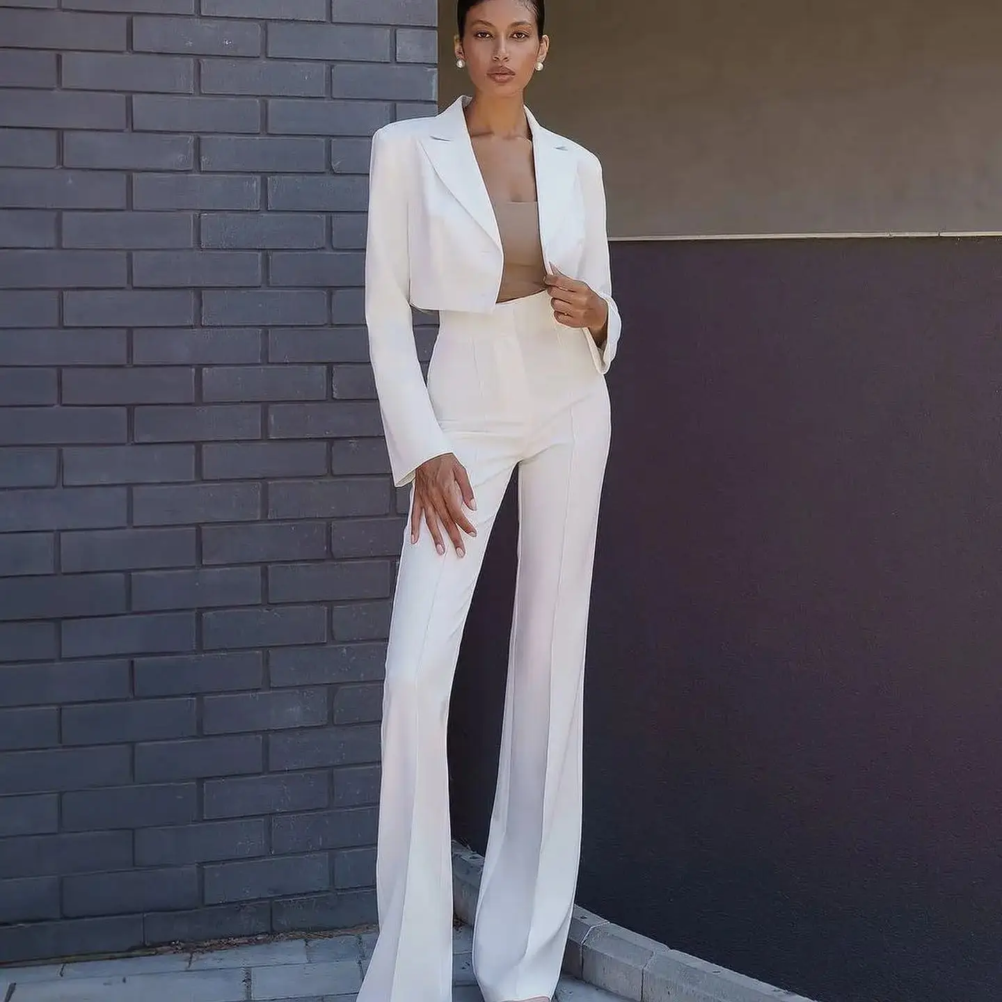 Allingentle White Women Pants Suit Fashion Short Slim Blazer And Trousers Business Temperament Chic Lady Work Wear Customized