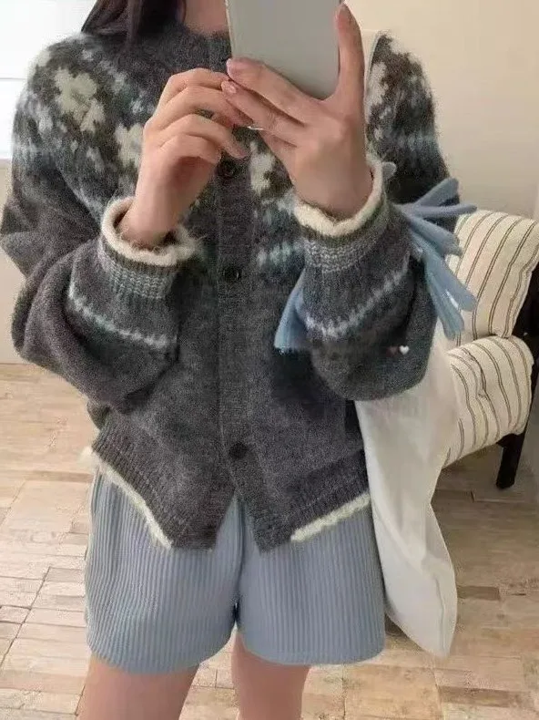 

Вязаный свитер в стиле ретро Fair Isle с цветочным принтом, кардиган, женский высококачественный круглый свободный повседневный мягкий вязаный свитер с солодовым узором...