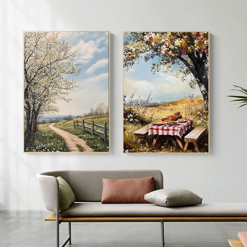 Vintage Rural Farmhouse Wilderness Wildflower Field Scenery Art Poster Canvas Printing Living Room Bedroom Home Decoration Gifts