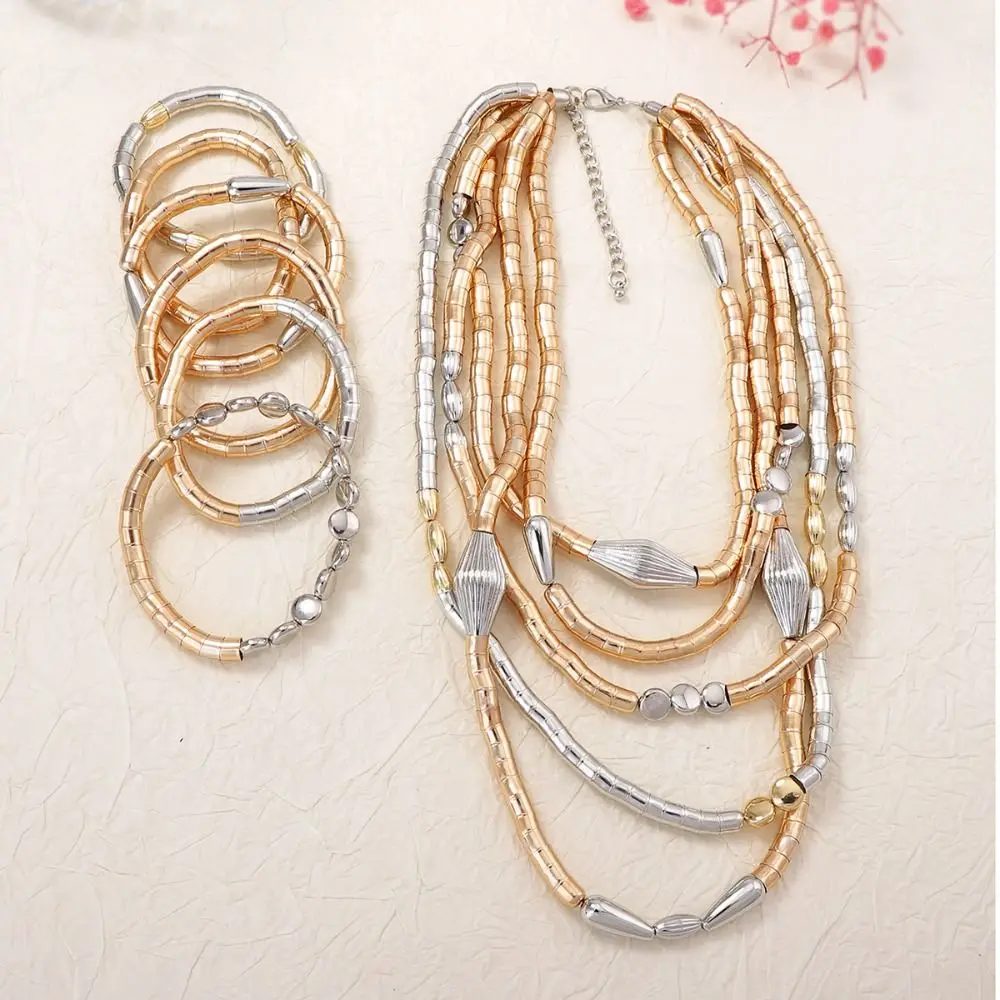 Fashion Metal Chain Beads Necklace Bracelet Set Stackable Gold Elastic Bracelet Layered Retro Bohemian Collarbone Chain Beach