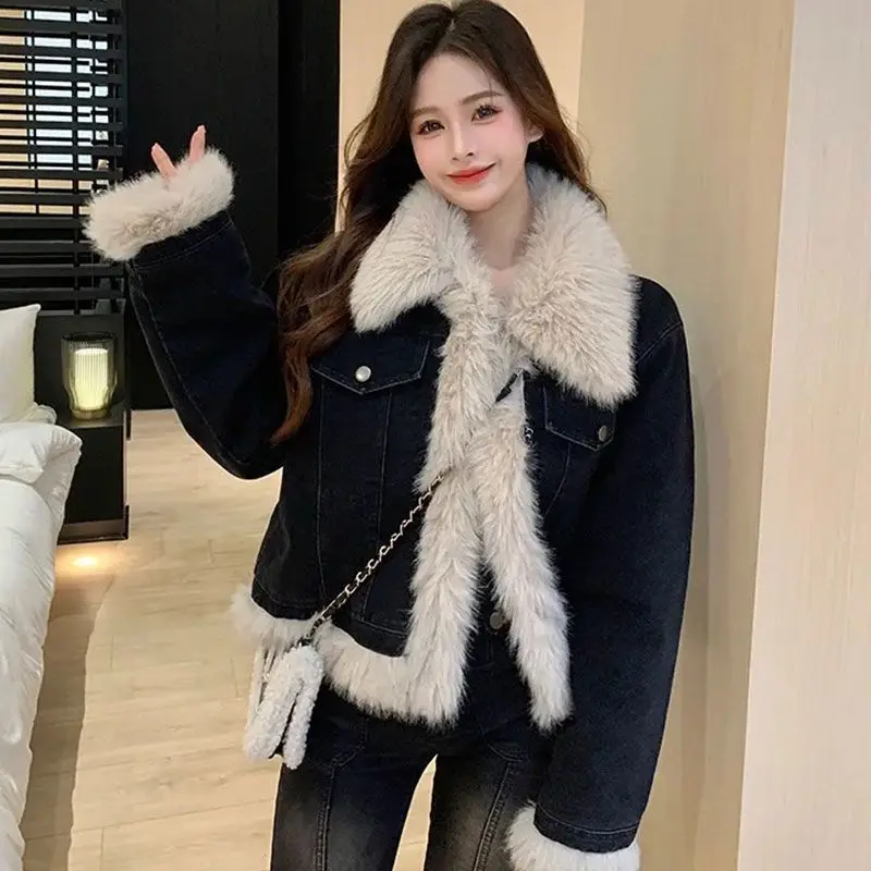 Autumn And Winter New Thickened Short Cotton-padded Jacket Woolly Denim Coat Feel Fried Street Senior Lamb Splicing Top