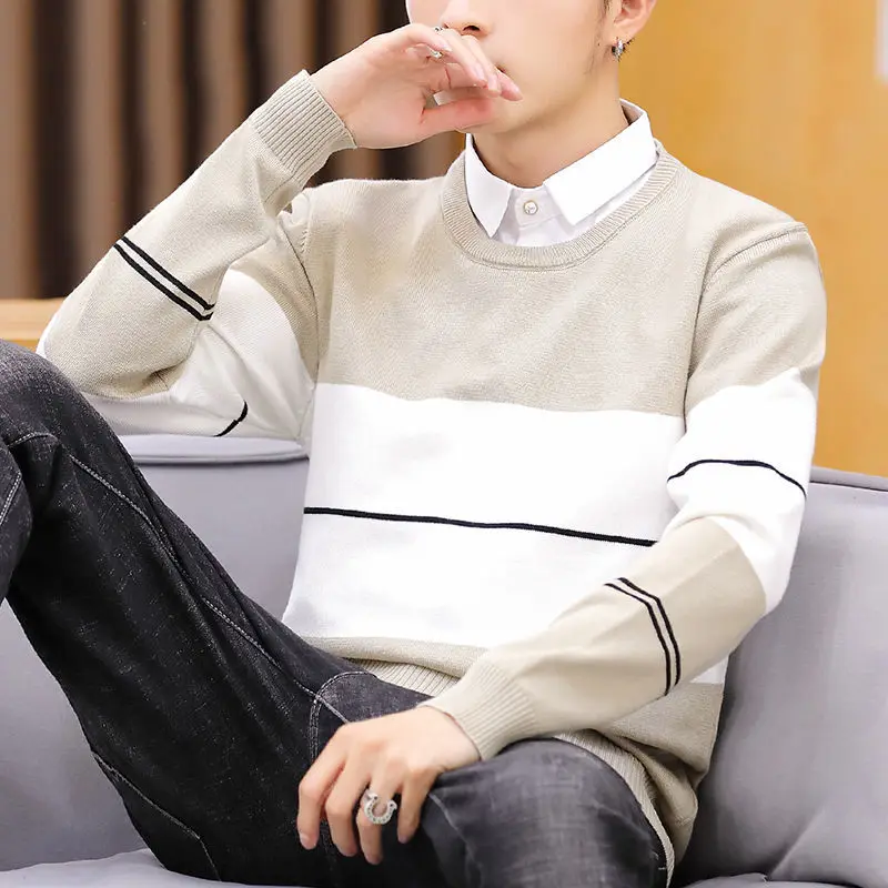 

Men Fake Two-Piece Sweater Autumn Winter Thick Knitting Male Stripe Lapel Long Sleeve Patchwork Shirt Pullover Knitwear E384