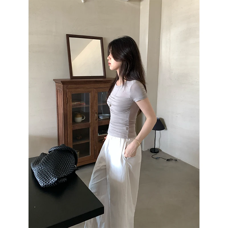 

Футболка Sweetknit Spicy Girl со складками на талии ort Sve Sli, летний топ, повседневный вязаный облегающий топ Y3827