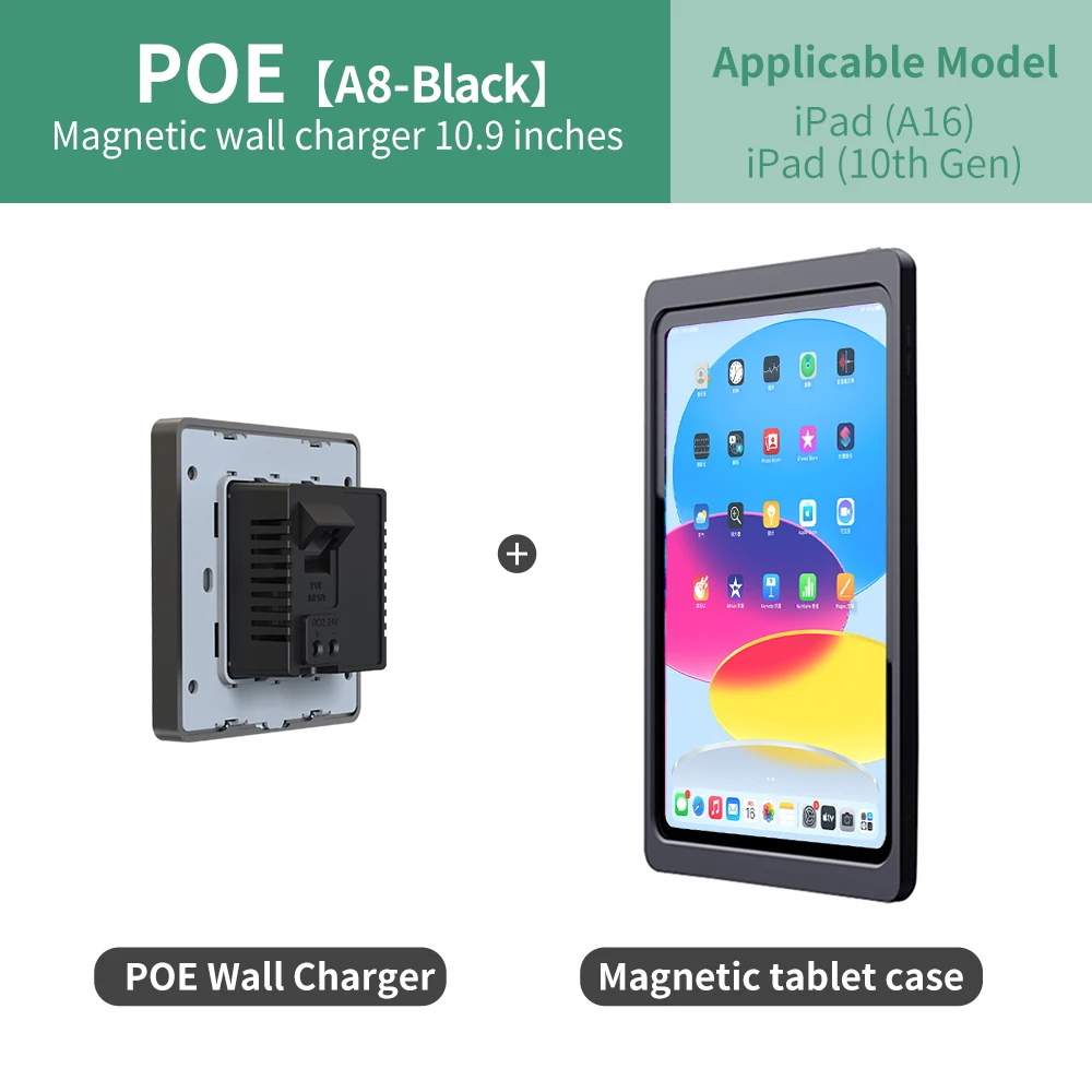 

EMONITA Wall Mount Wireless Charger with Case for iPad (10th Gen)/ A16 (2025) POE and DC Up to 18W Fast Charging Magnetic Holder