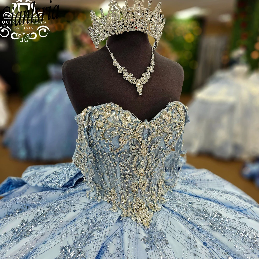 Vestido de Quinceañera Azul Cielo con Flores 3D y Cuentas, Exquisito Vestido de Gala de Princesa con Hombros Descubiertos y Lazo, Impresionante Vestido Largo para Fiesta de Quince Años
