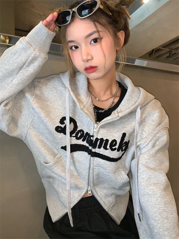 Korean Fashion Gray Cropped Hoodie Women Y2K Vintage Letter Zip Up Sweatshirts Spring 2023 Kpop Harajuku Hooded Jackets Casual