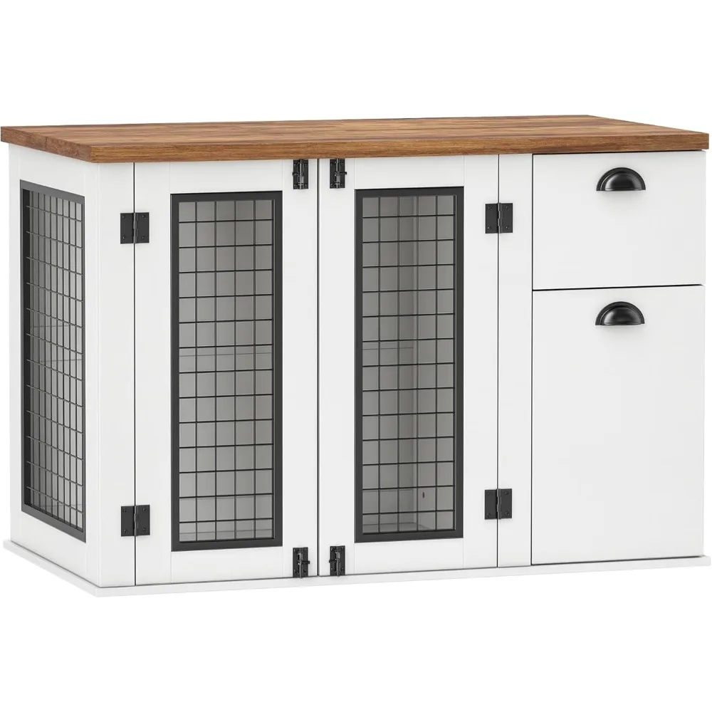 

44 Dog Crate End Table, Double Door Kennel With Storage Drawer, Indoor Furniture Style Cage for Medium Dogs, White