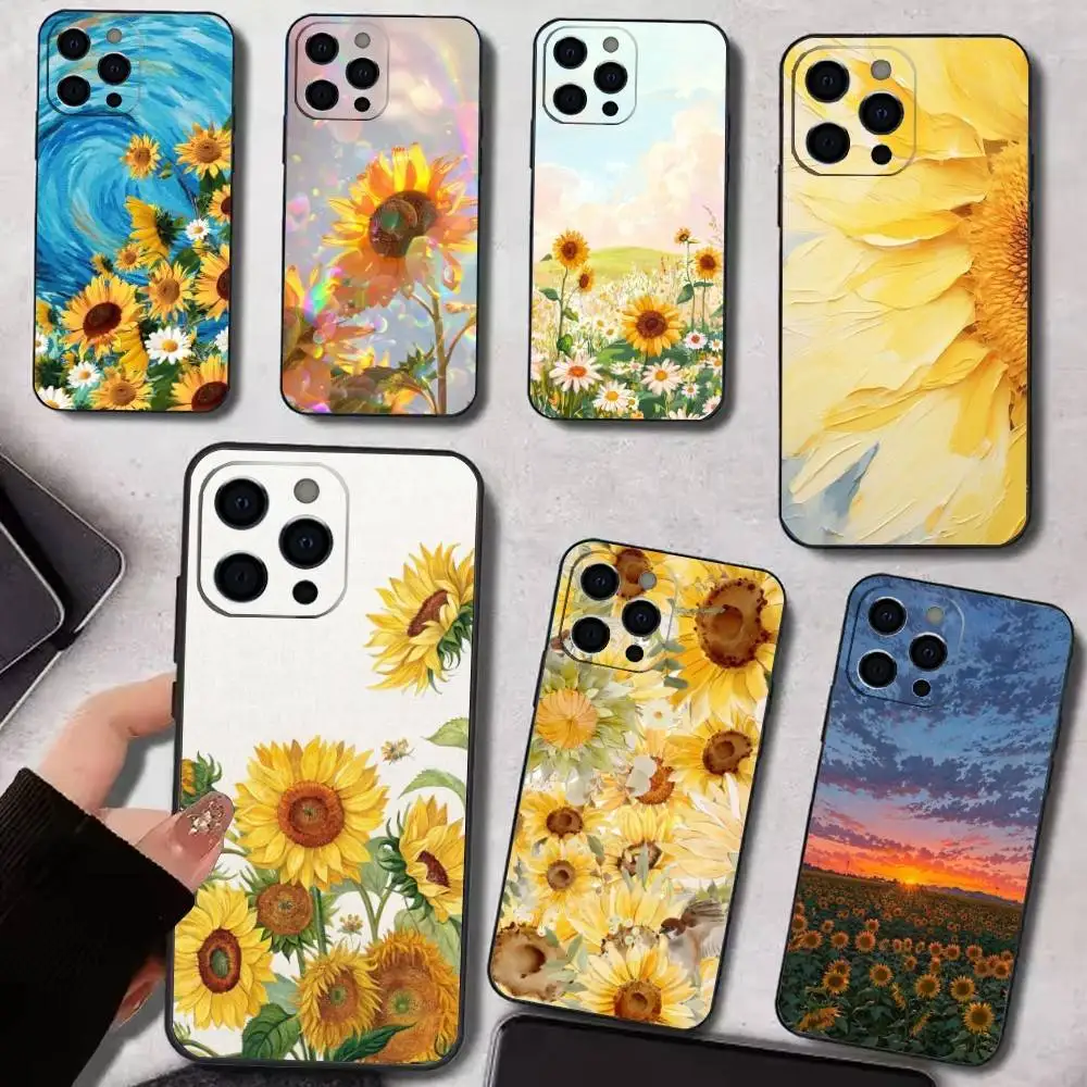 حافظة هاتف مطبوعة على شكل عباد الشمس لهاتف آيفون 17,16,15,14,13,12,11,Plus,Pro,Max,Plus,XS, حافظة ناعمة من السيليكون الأسود