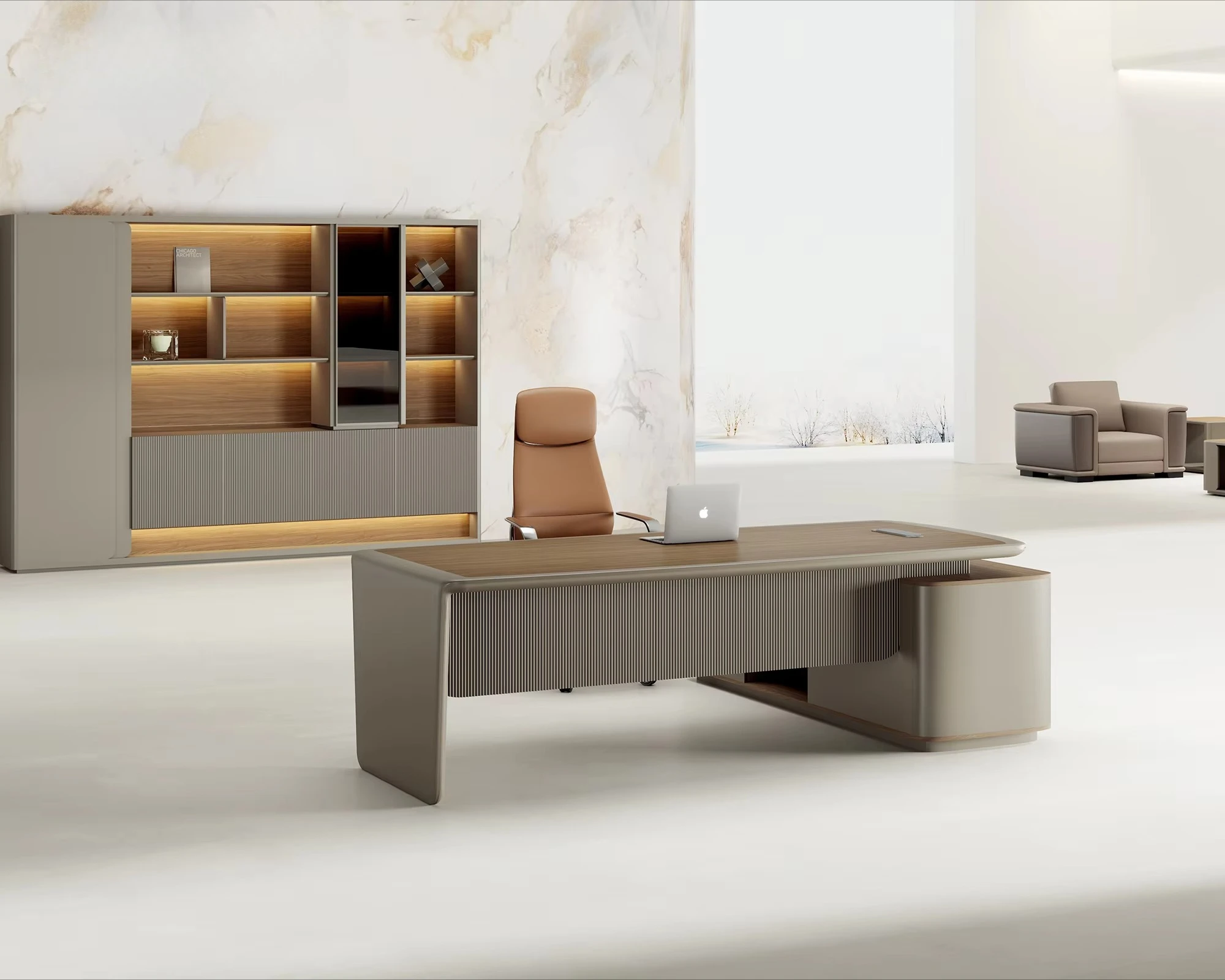#`High-End Durable Executive Desk Set-Modern Light Wood Grain Manager Desk with Matching Storage Cabinet for Executive Offices
