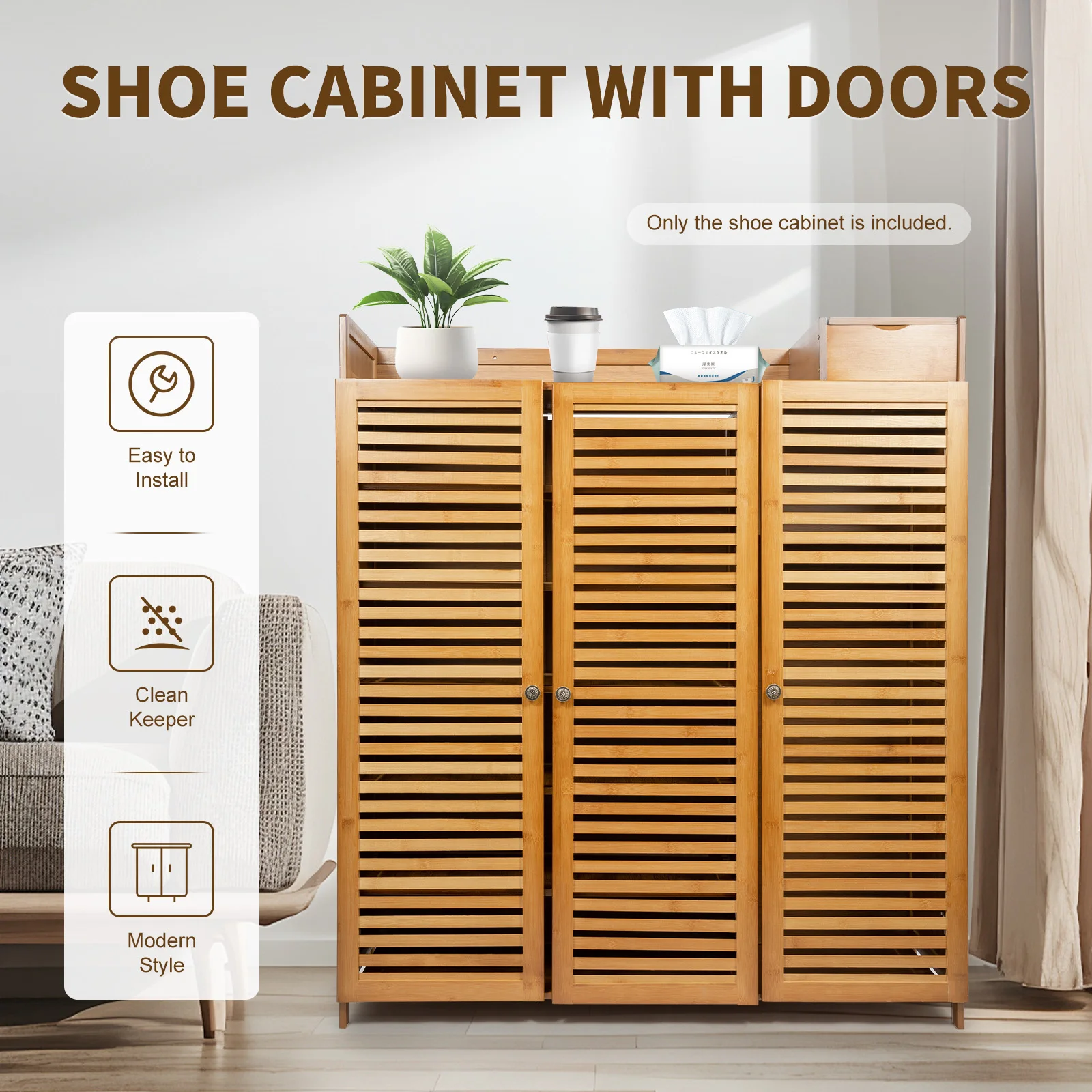 

38.6*12.6*45.3in Shoe Storage Cabinet with Door Wood Shoe Cabinet Organizer 3-Door Brown Shoe Rack for Entrance Living Room