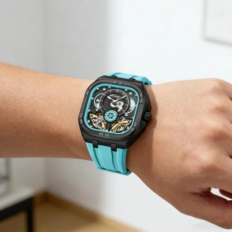 AILANG 8857 Men's Tourbillon Automatic Mechanical Watch Unique Design Sky Blue Dial Waterproof Luxury Wristwatch with Rubber Str