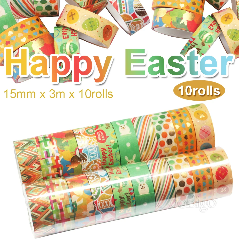 

Happy Easter Washi Tape Set Gold Foil Masking Adhesive Paper Sticker Decor Journal Aesthetic Stationery Cute Rabbit 10 Rolls/Lot