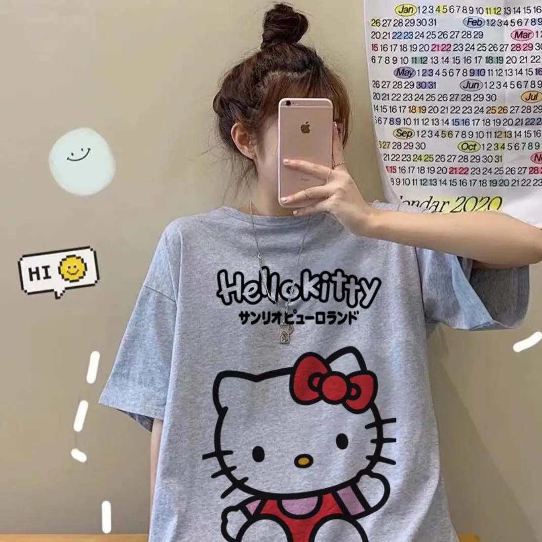 New Hello Kitty Shirt Top Women Clothes Cotton Japanese Kawaii Sanrio Kuromi Short Sleeve T-shirt Female Couple Loose Streetwear