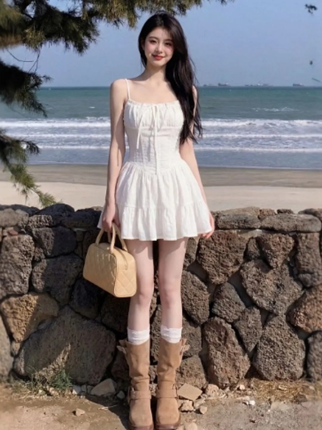 

Sweet White Puffy Short Skirt Gentle Style Strapless Dress for Summer High Waist Cotton Blend Casual Elegant Fashionable