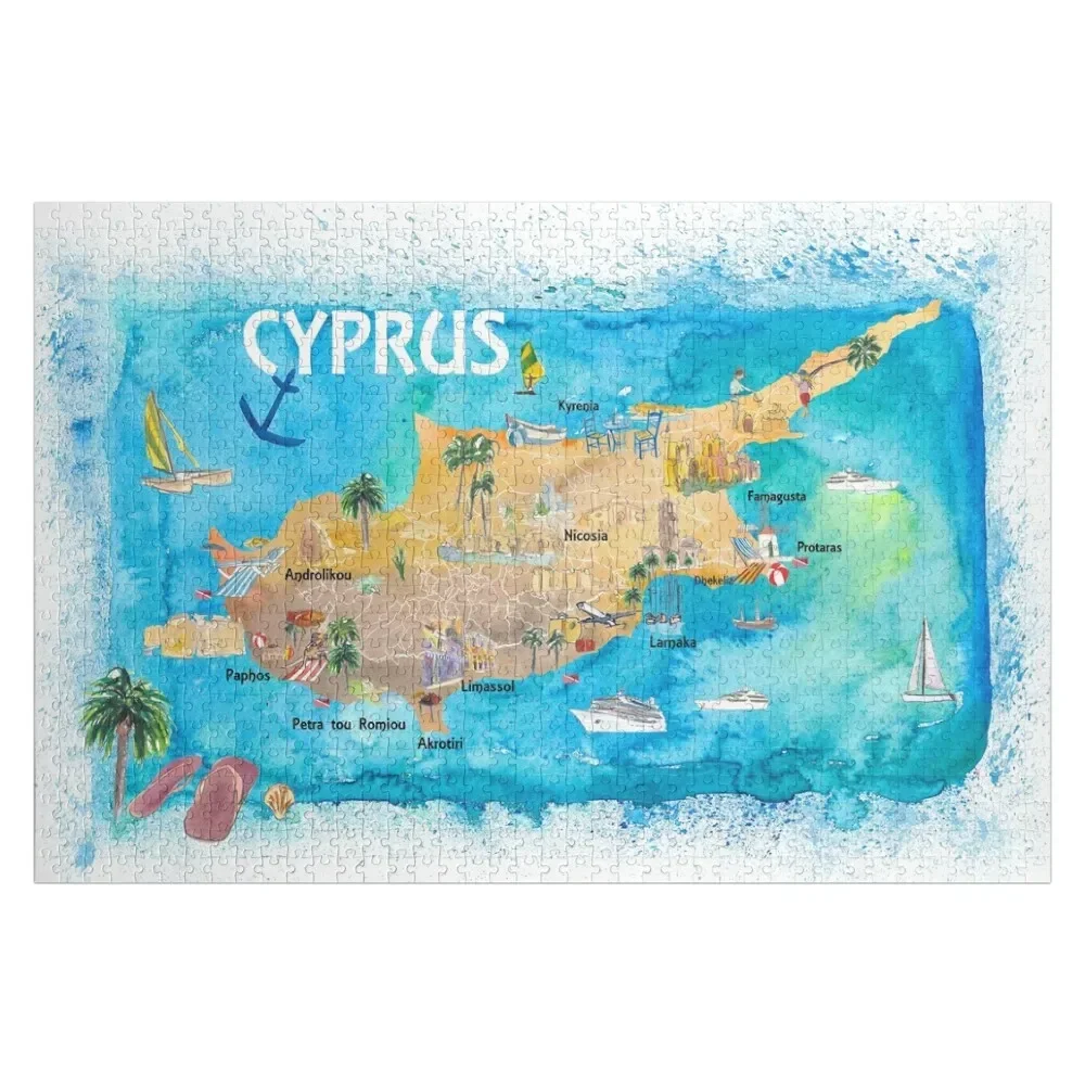 Mappa illustrati cipro con punti di riferimento e punti salienti delle strade principali Jigsaw Puzzle regalo personalizzato sposato Puzzle regalo personalizzato