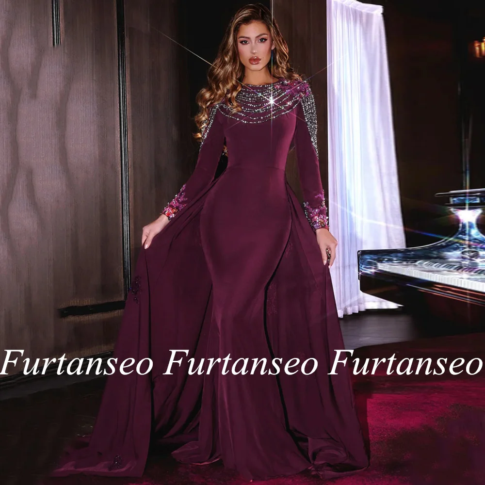 Luxury Islamic Prom Dress Round Neck Long Sleeves Stones Applique Beading Sweep Train Mermaid Evening Gown Formal Dresses