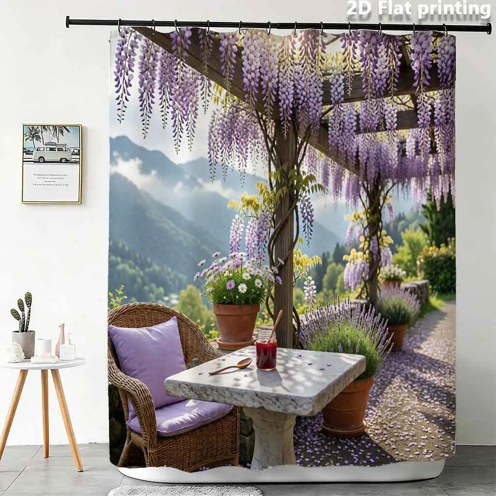 Luxurious Waterproof Shower Curtain Polyester Liner Large Size Tropical Nature Garden Wisteria Print Bathroom Decor Realistic Sc