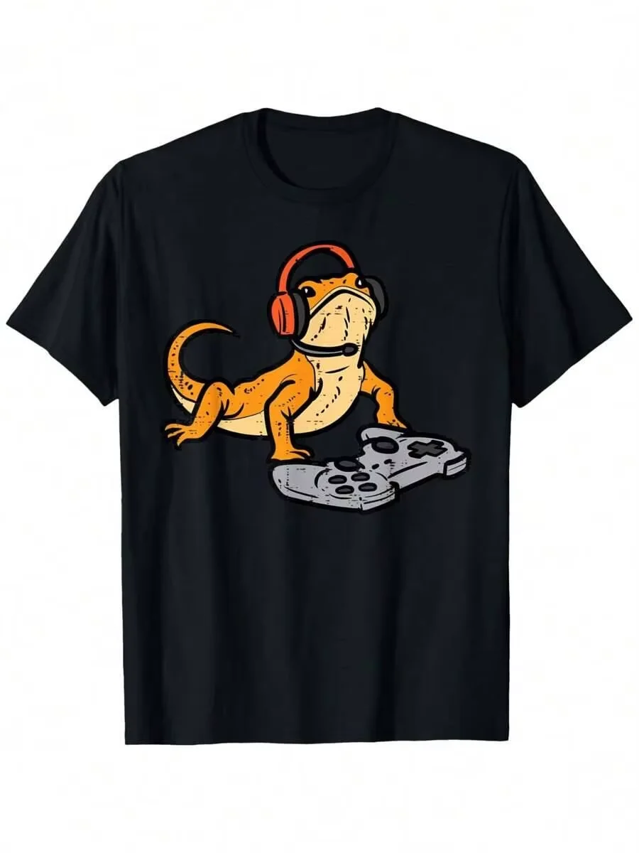 Bearded Dragon Video Gaming Funny Gamer Animal Men's Summer T-Shirt, Street Style Hip Hop T-Shirt Short Personalized Sleeve 100% Cotton Trendy Y2K Short-Sleeve Tee-Soft, Quick-Drying, Moisture-Wicking, Great Gift for Christmas or Halloween.