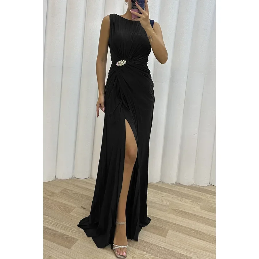 2025 Women Sexy Dress New Sleeveless Solid Party Slim Empire Split Female Elegant Round Neck Fashion Long Clothing