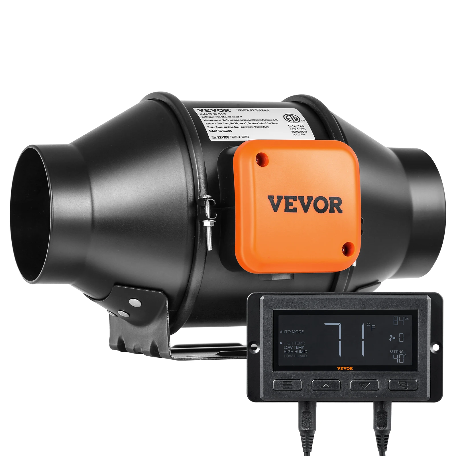 VEVOR Inline Duct Fan 4-Inch 205 CFM with Temperature Humidity Controller, Quiet EC-motor  for Cooling Booster, Grow Tents