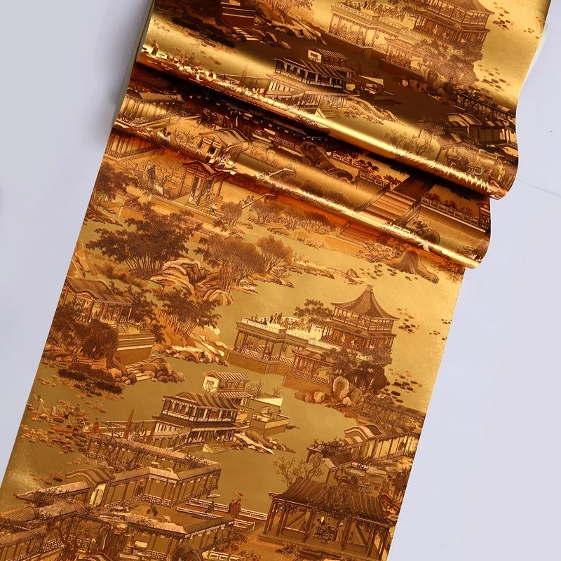 Golden 3D Riverside Scene Wallpaper for TV Background Dining Room Hotel Private Room Retro New Chinese Style Gold Foil Wallpaper