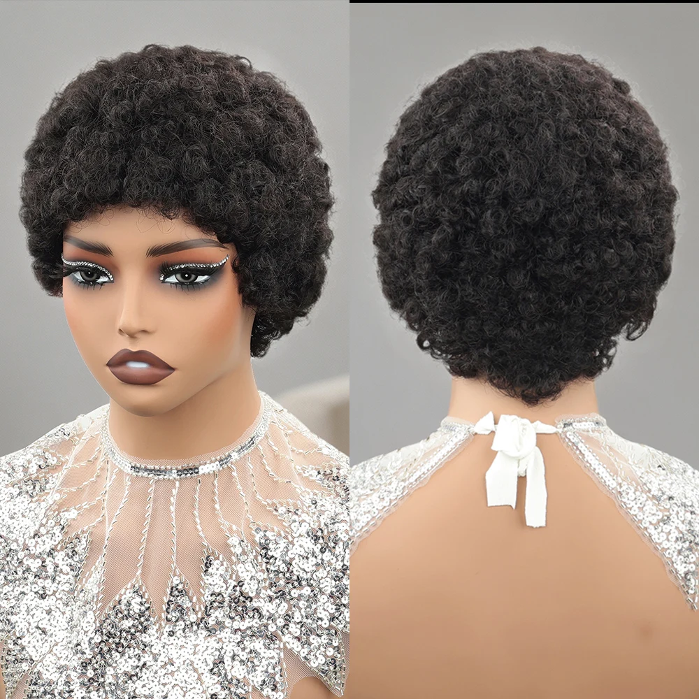 8 Inch 99J Burgundy Afro Short Curly Capless Human Hair Machine Wigs For Women Chocolate Brown 150% Density Remy Human Hair Wig