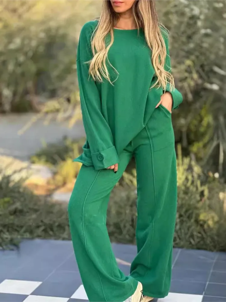 Casual Sporty Style Two Piece Set Women Solid Color Long Sleeve Tops Wide Legs Trousers 2 Piece Sets Lady Commuting Pants Suit