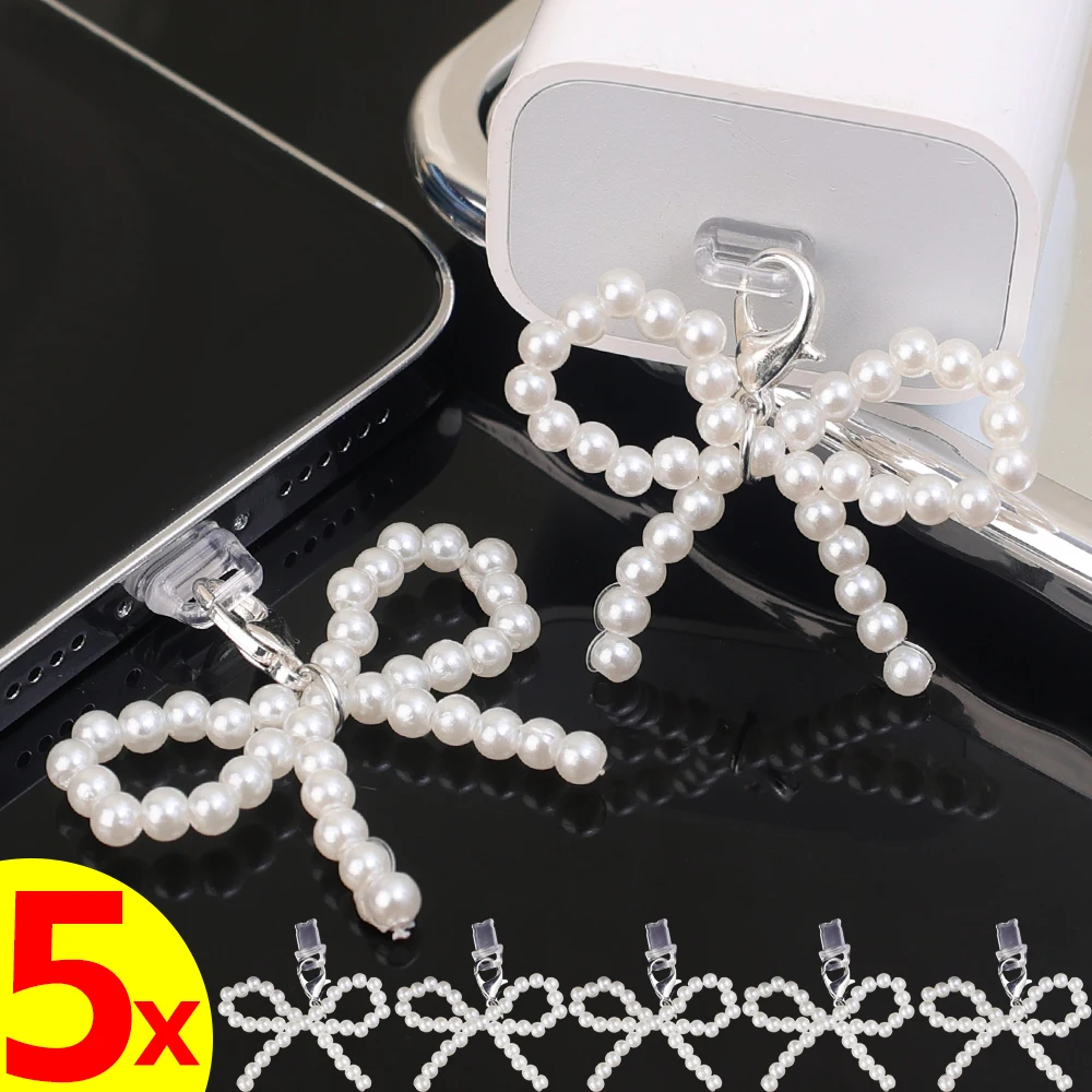 IOS/Type C Mobile Phone Charging Port Dust Plug Pearl Bowknot Dustplugs DIY Pendant Protector Cap for IPhone 14 13 12 XR Type C