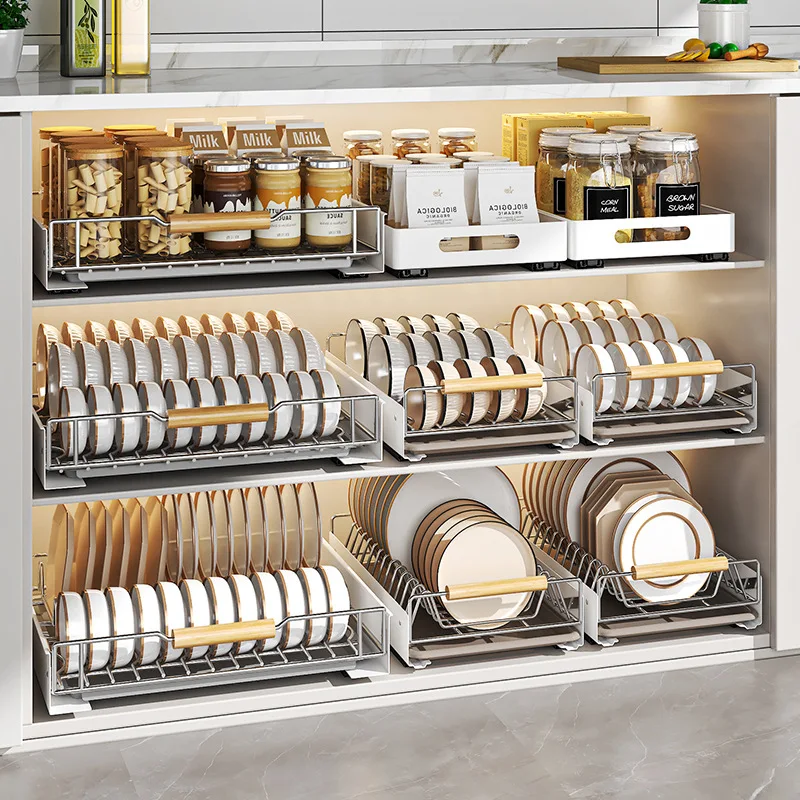 

Kitchen cabinet inner shelf, drawer type pull basket, pull bowl, plate and saucer storage rack, stainless steel drain bowl rack