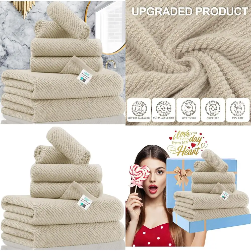 Katoenen badhanddoekenset - 6-delig, 2 groot 30x56, 2 hand 18x28, 2 washandjes 13x13, sneldrogend, zacht en dik, beige