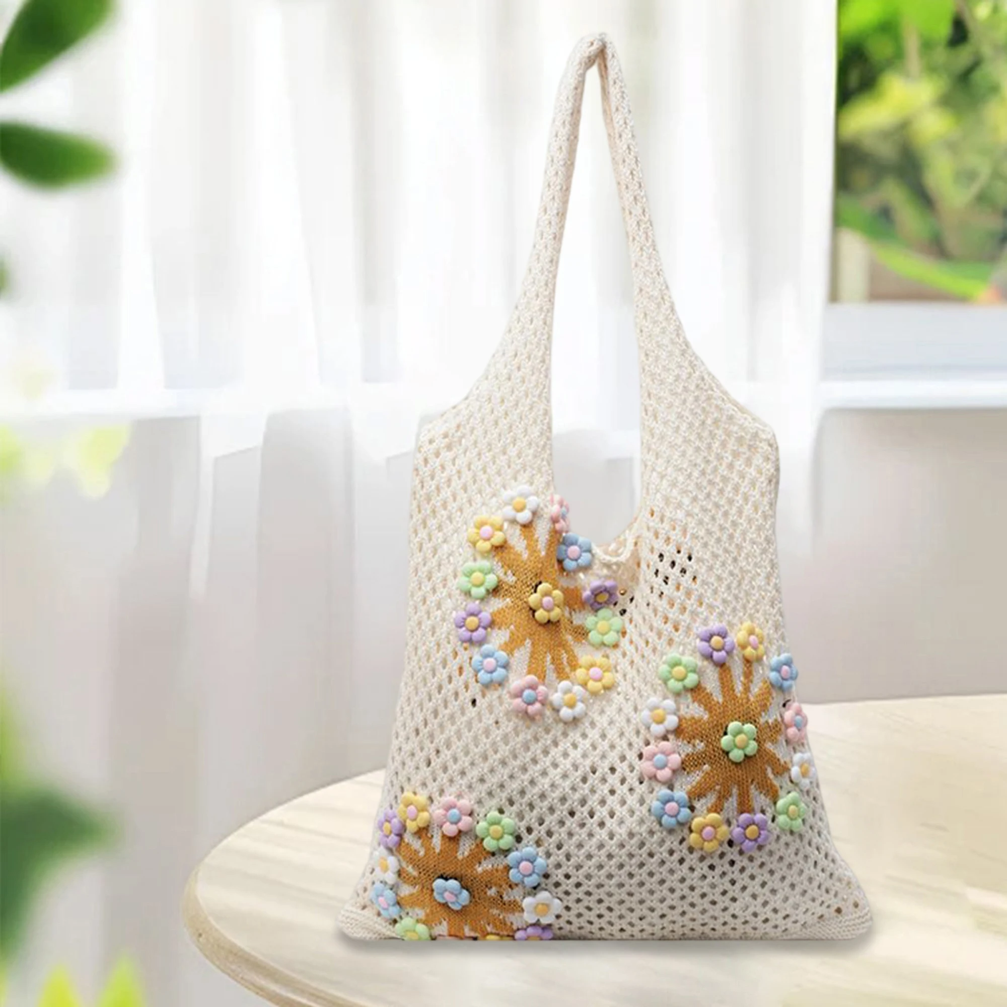 

Vintage Style Handmade Crochet Shoulder Bag with 3D Floral Design for Women Perfect for Travel and Beach Use Lightweight and