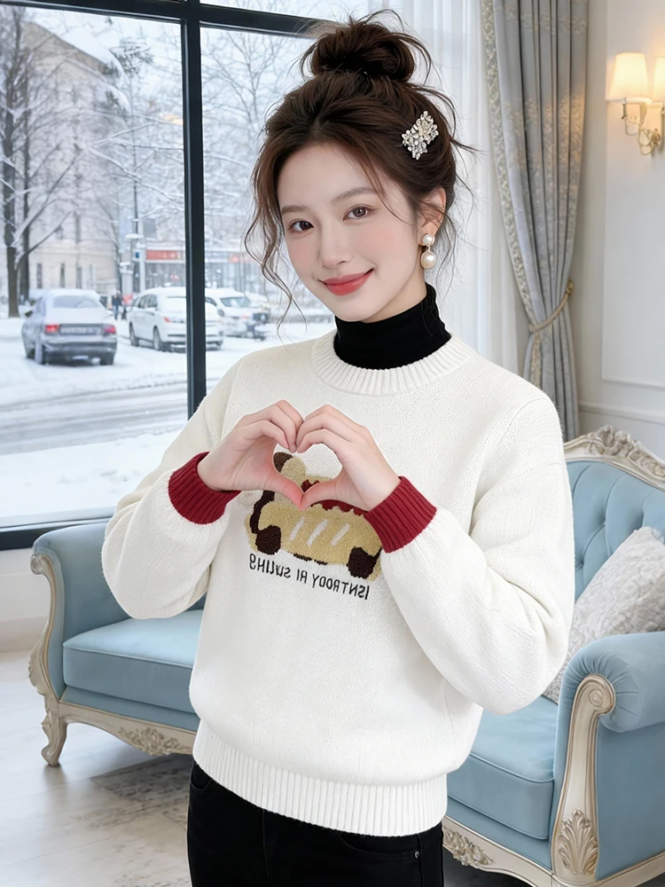 

Trendy Casual Knitted Sweater Women's round Ne Top Winter Daily Wear Age-Defng Korean Sle Medium Gauge Knit Long Sve