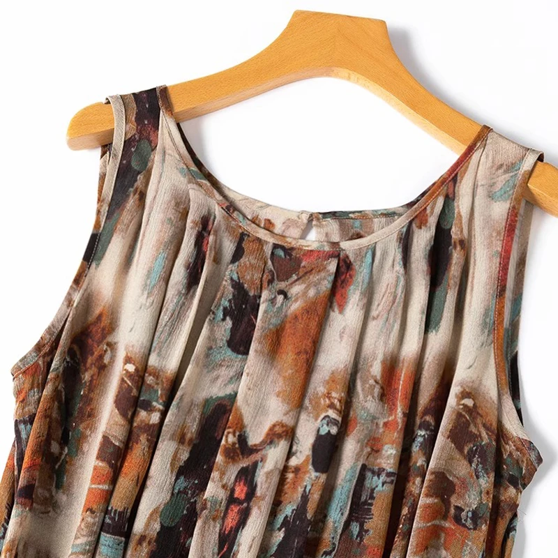 Artistic Oil Painting 100% Natural Mulberry Silk Crepe De Chine Women's Vacation Style Round Neck Sleeveless Vest Dress
