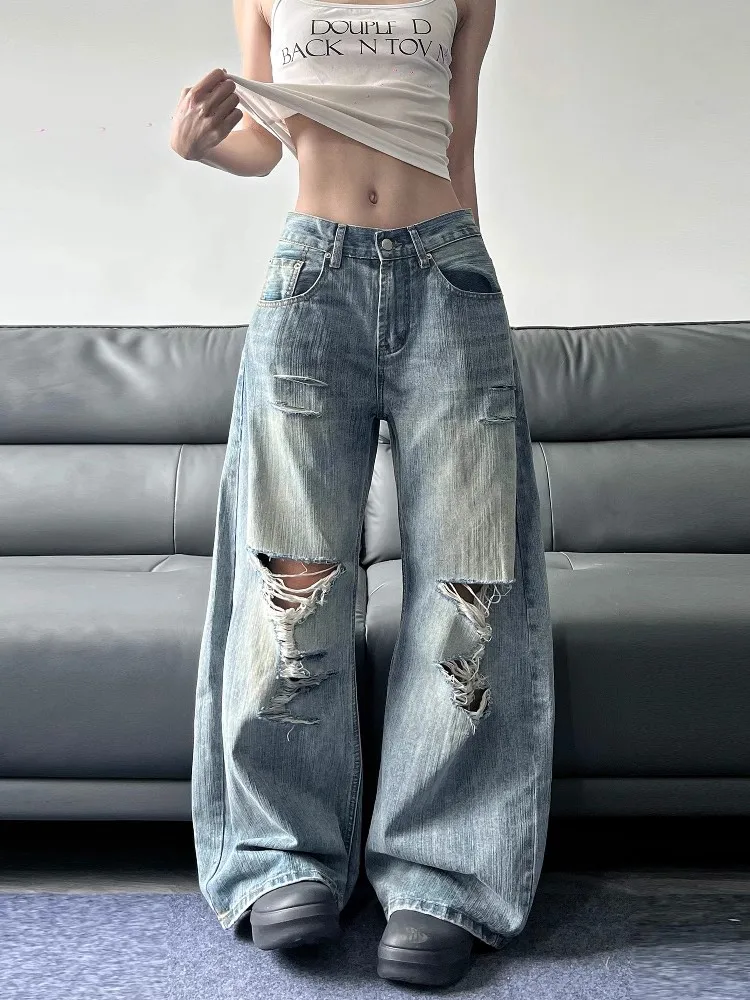 2025 Sommer hohe Taille zerrissene Damen Blue Jeans American Vintage Streetwear Y2K weites Bein Jean 2000er Jahre Hose Baggy Denim Hose