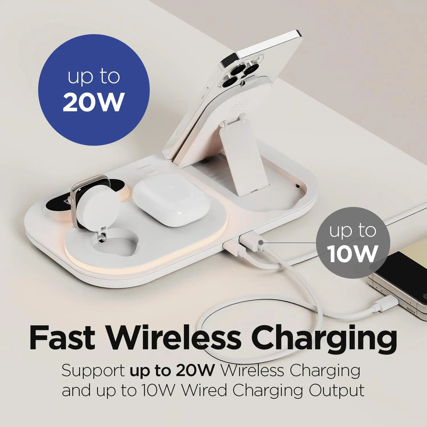 Wireless Charger with Alarm Clock Night Light for iPhone 3 in 1 Fast Charging Station for Apple Watch Charging Stand