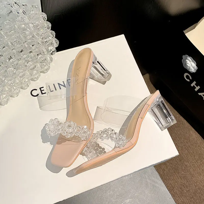 

2023 Summer New INS Square Headed One Piece Transparent Sandals Women's High Heels Crystal Thick Heel High Heel Slippers