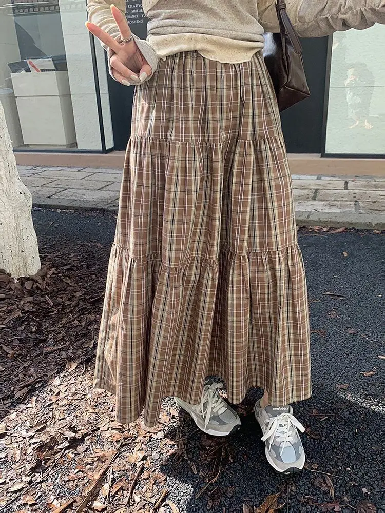 Deeptown Plaid Long Skirt Women Vintage Elegant Preppy Style Midi Skirts Harajuku Autumn Winter Casual Streetwear A-line Skirts