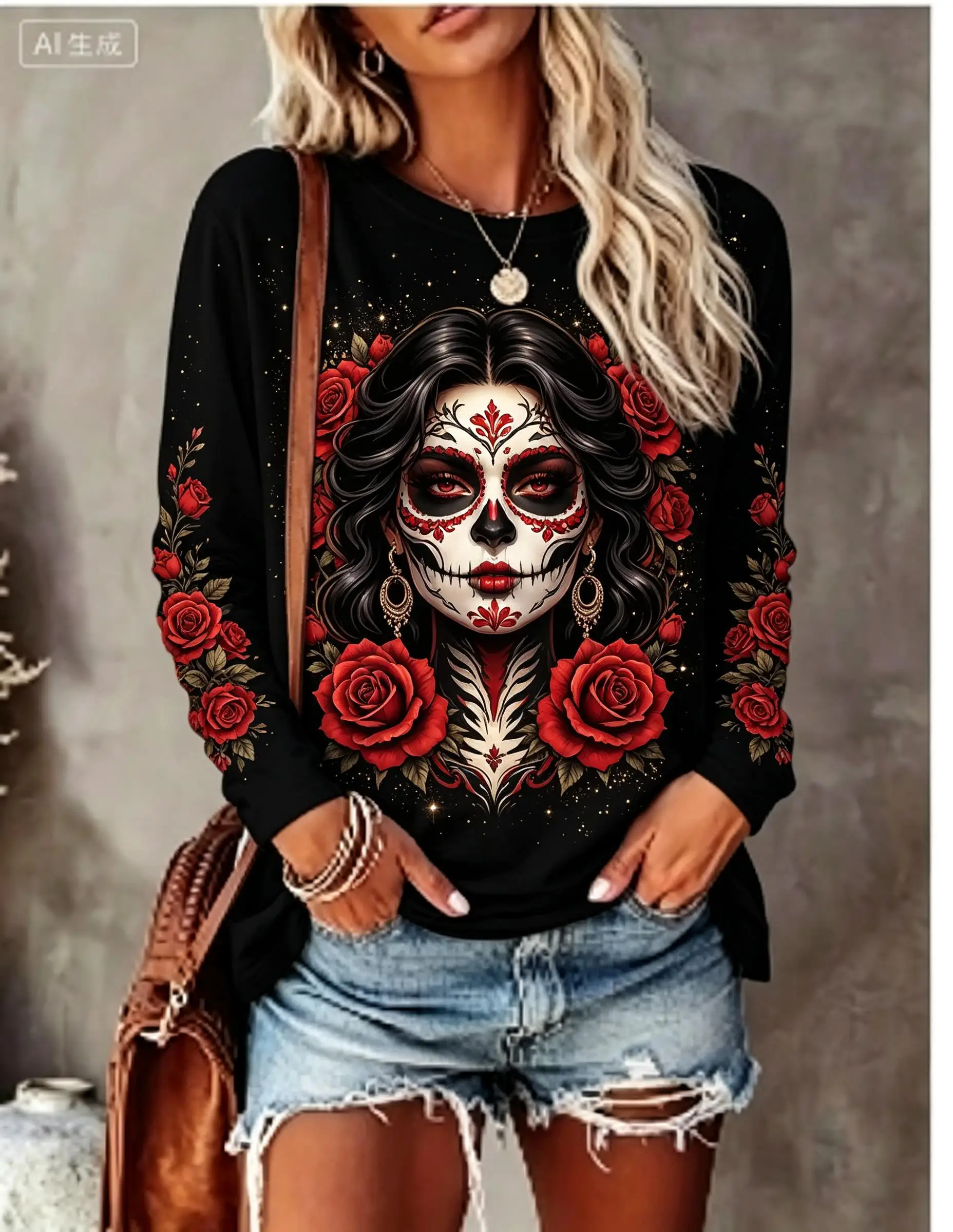 Women's Halloween Top Black Sugar Skull Catrina Flower Long Sleeve T Shirt image 4