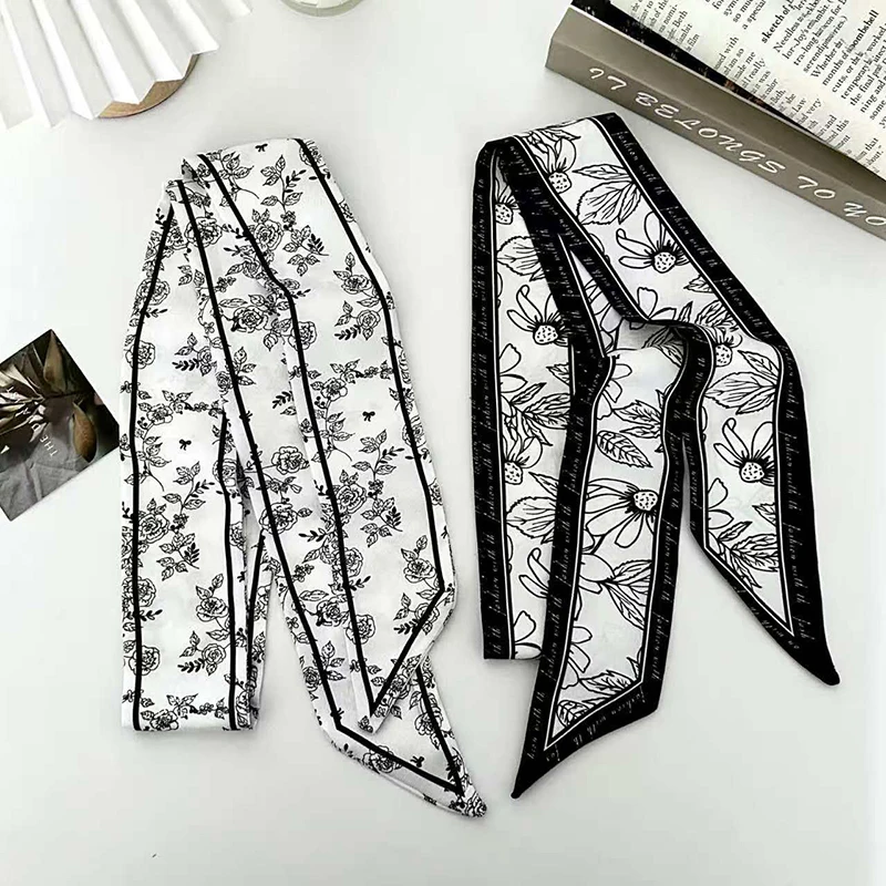 Luxury Fashion Woman Skinny Silk Scarf Long Hair Strip Silk Ribbon Small Neck Scarves Flower Bag Handle Ribbon Kerchief Lady Tie - view 4