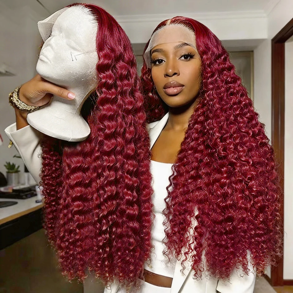 

40-дюймовый кудрявый парик из натуральных волос 99J Burgundy с HD-кружевной передней частью 13x6, винно-красный парик для женщин, прозрачный парик с глубокой волной и фронтальной частью из кружева 13x4