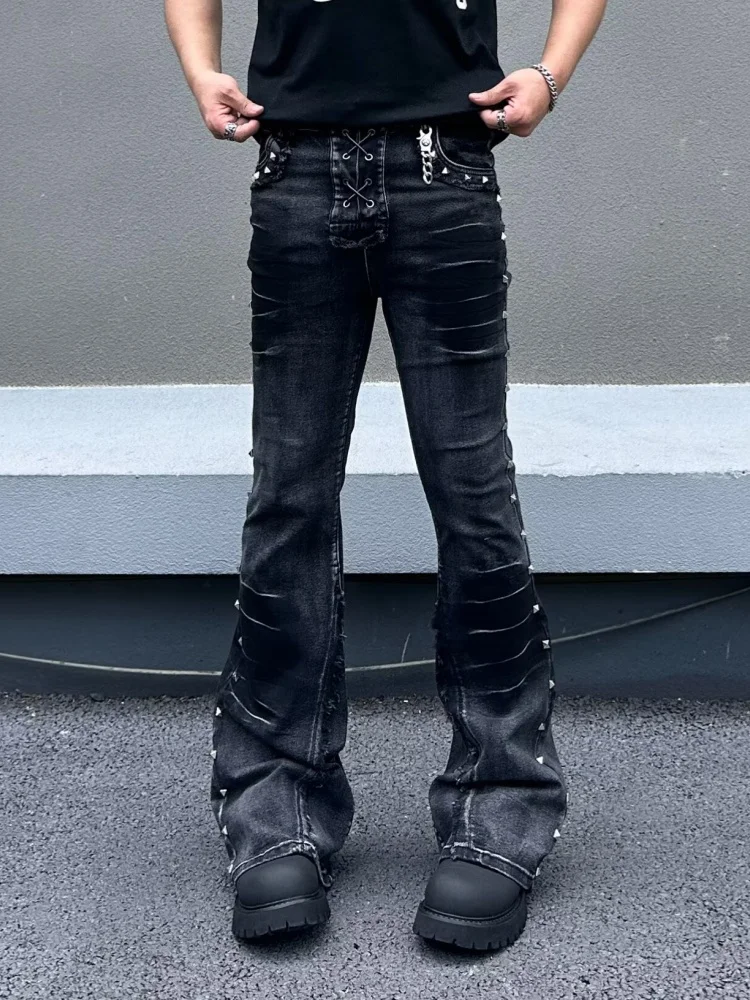 2026 American Retro Y2K Style Washed Black Slim Flared Jeans Pants For Men Clothing Streetwear Cotton Long Trousers Moda Hombre