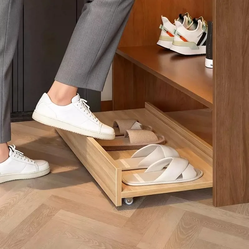 Entrance Shoe Rack Sliding Storage Shoes Organizer with Wheels Space Saving Hidden Wooden Shoe-Shelf Home Accessories Organizer