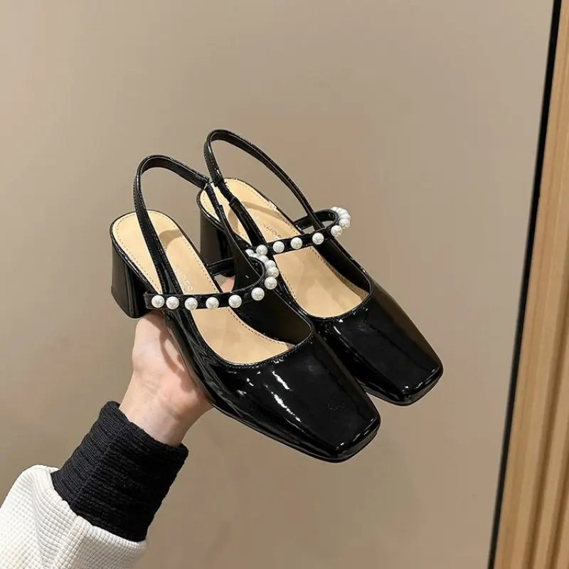 

2024 NEW Chunky Heels Women's Square Toe Thick Heel Pearl Bow Pumps Shoes New Mary Jane Shoes Sandals Baotou Mules Zapatillas