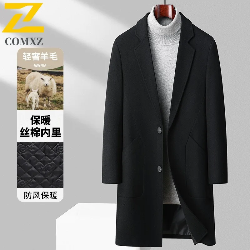 COMXZ Mens Business Wool Trench Coat Autumn Winter Cotton Warm Long Cashmere Wool waterproof windproof lightweight windbreaker