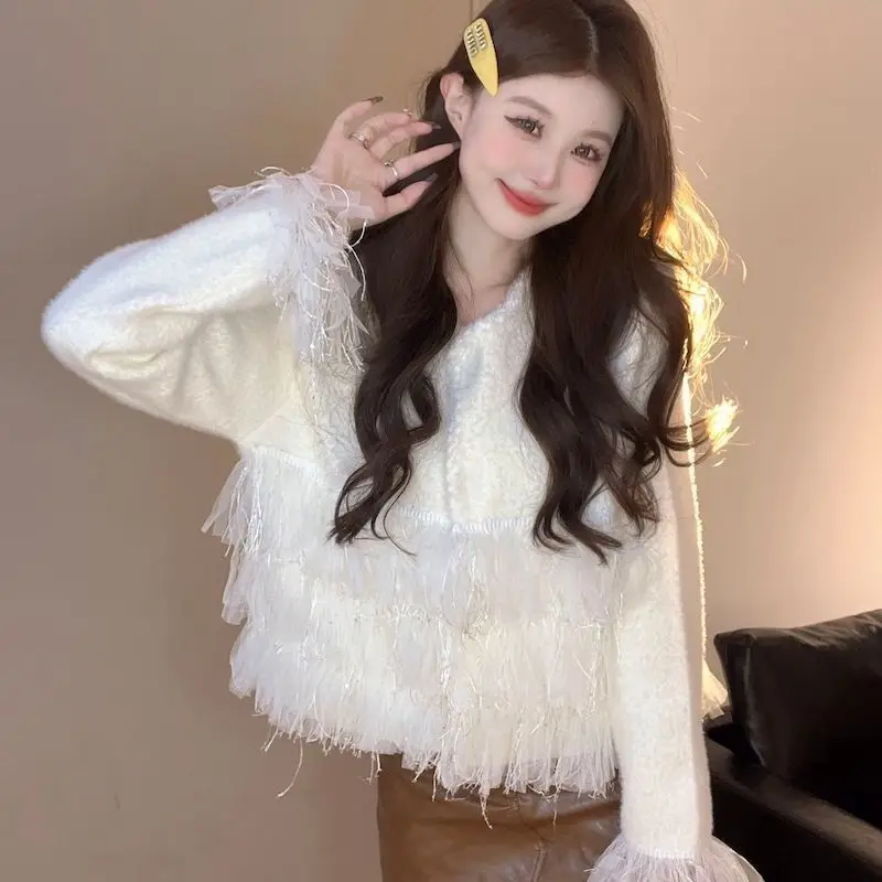 A Wealthy Lady with Tassel and Soft Glutinous Sweater Exuding a French Temperament Knitted Cardigan Jacket and Fuzzy Top